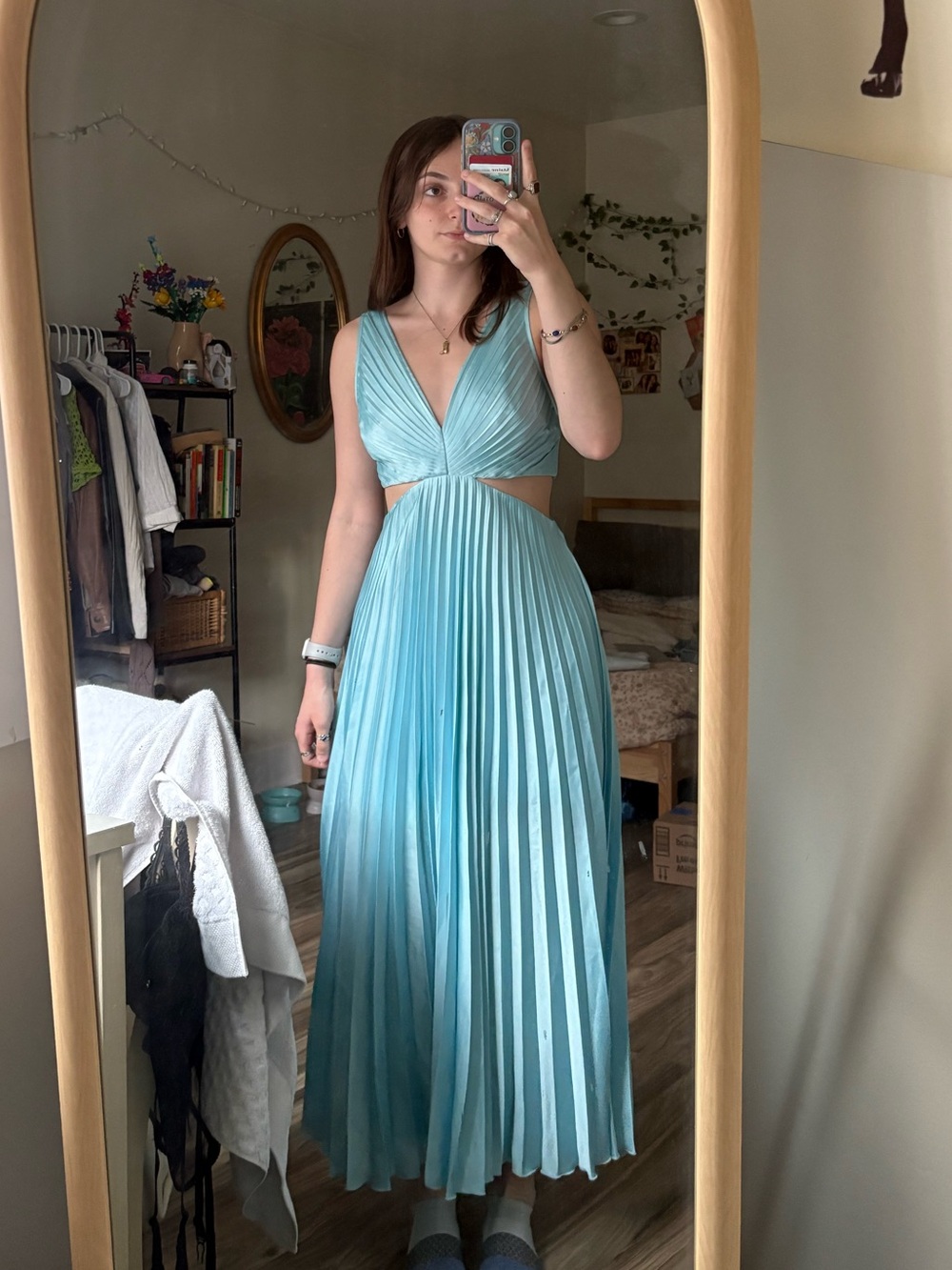 Abercrombie & Fitch Gisselle pleated cutout v neck Light Blue Maxi Dress size S